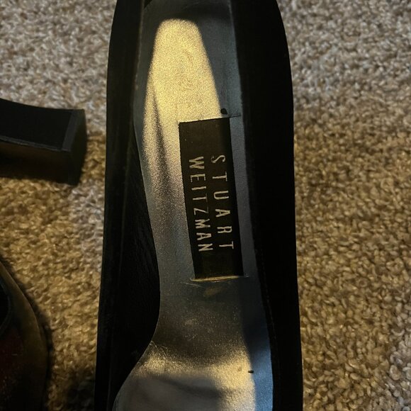 Stuart Weitzman Pumps Black Velvet Block Heel Rounded Square Toe Slip On Size 7 - Picture 2 of 4